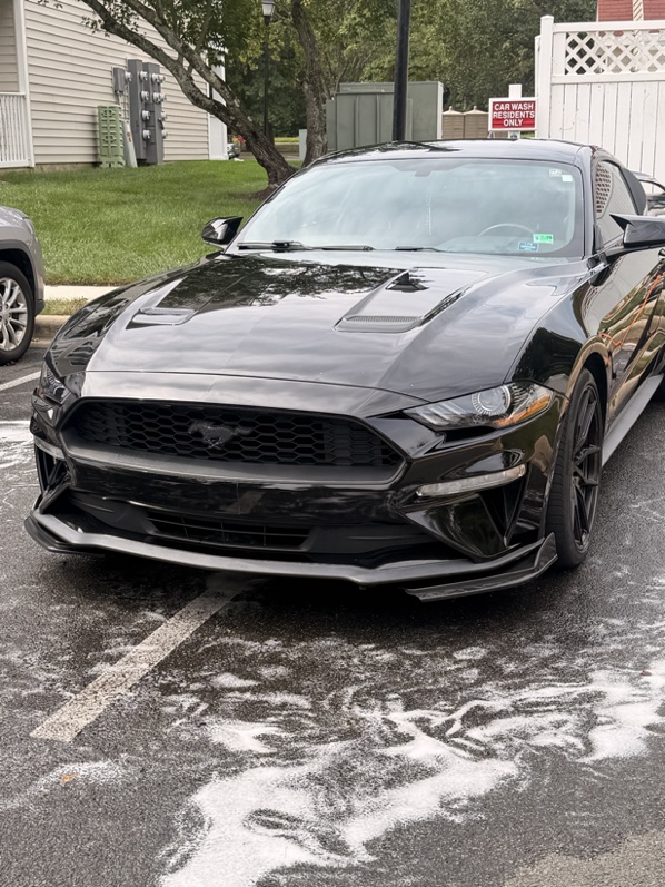 Black Mustang EcoBoost during a foam exterior wash